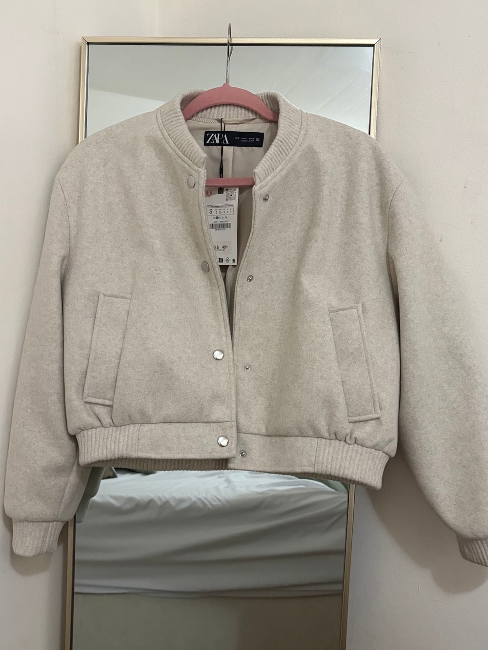 Zara Cream Colored Cropped Bomber Jacket
